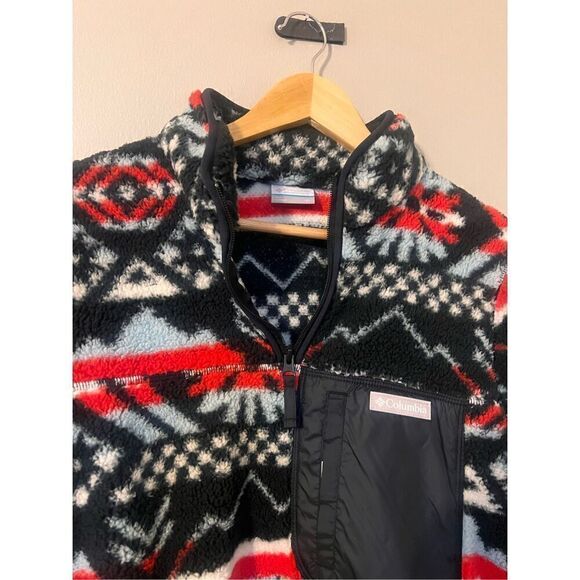 Columbia Women's L West Bend 1/4 Zip Fuzzy Pullover Red Black Faire Isle Ski New - Picture 8 of 16